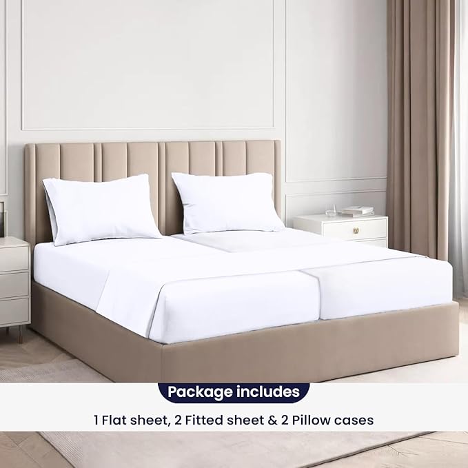 SGI Split King Sheet Set for Adjustable Bed Egyptian Premium Cotton 600 Thread Count Sheets for Sleep Number Bed 15" Deep Pocket 5 Pc Set with 2 Twin XL Fitted Sheets Soft Breathable - White