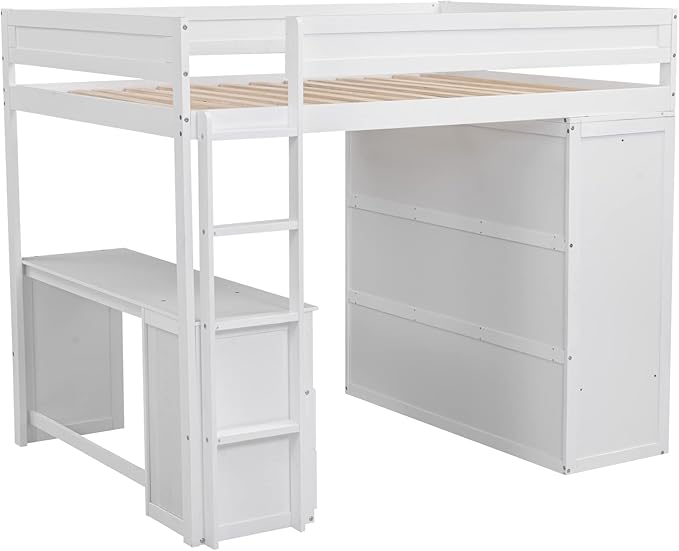 Modern Full Size Loft Bed with Wardrobes and 2-Drawer Desk with Cabinet,Multifunctional Wood Loft Bed for Bedroom,No Box Spring Required (White#Wardrobes, Full)