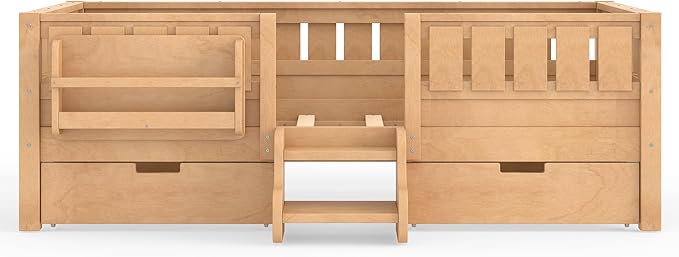 Bellemave Twin Bed with Storage Drawers & Bookshelf, Low Profile Kids Bed Frame with Staircase & Full Length Guardrails, Solid Wood Twin Bed for Kids with Slats Load 300LBS, Easy Assembly, Natural
