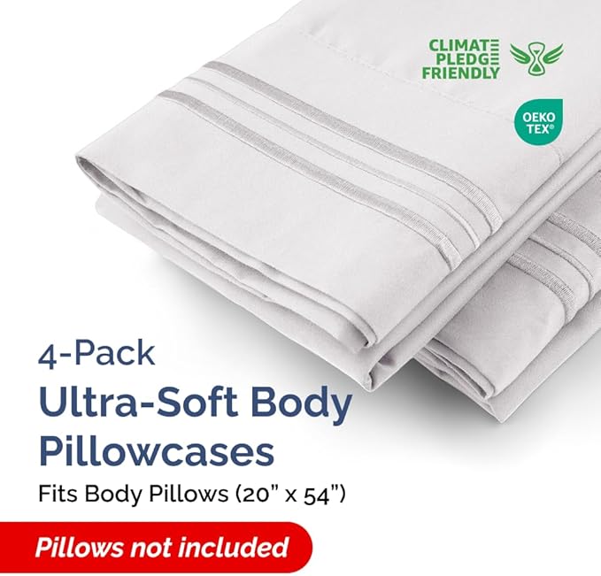 Body Pillowcases Set of 4-20x54 Long Body Pillow Case - Soft Body Pillow Cover for Sleeping & Side Sleepers - Comfy, Breathable & Fade Free - Machine Washable w/Envelope Enclosure - (French Grey)