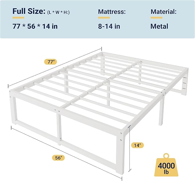 Allewie Full Size Bed Frame, 14 Inch Metal Platform Bed Frame with 4000LBS Heavy Duty Steel Slats Support, Noise Free, Easy Assembly, No Box Spring Needed, White