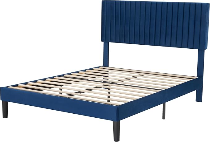 SHA CERLIN Queen Upholstered Platform Bed Frame with Vertical Channel Tufted Velvet Fabric Adjustable Headboard, Wooden Slats Support, Mattress Foundation, Box Spring Optional, Blue