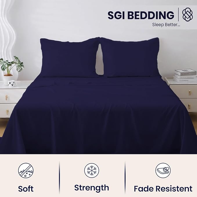 SGI bedding 100% Egyptian Cotton Sheets Twin Size – 600 Thread Count Sheets Set, Soft, Cooling, 15" Deep Pocket, Luxury Hotel Bedding, Breathable, Durable - Navy Blue