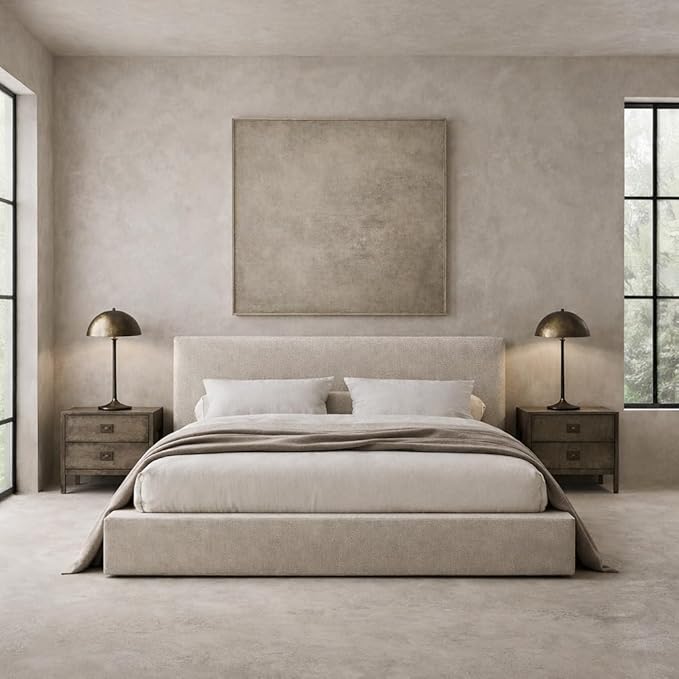 Square Bed – Washable Cover - Soft Upholstered Linen - Minimalist Modern - Sold Separately (Gray Linen, King Base)