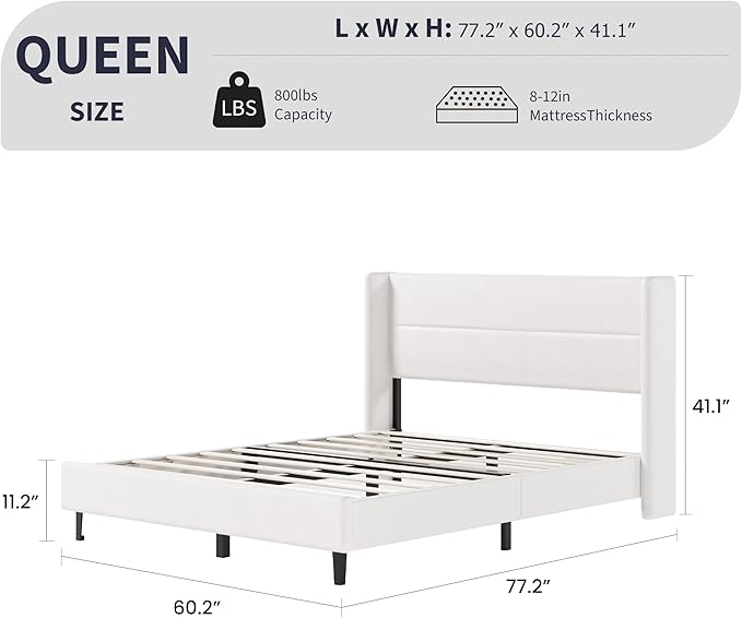 Garvee Queen Size Bed Frame with Wingback Headboard, Velvet Upholstered Platform Bedframe with Wood Slats, No Box Spring Needed, Easy Assembly, White