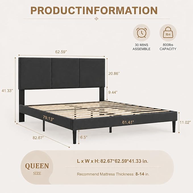 Queen Size Bed Frame with Headboard, Velvet Upholstered Platform Bed Frame, Sturdy Slatted Support for Springless Mattresses, Silent Operation, Easy to Assemble, Black