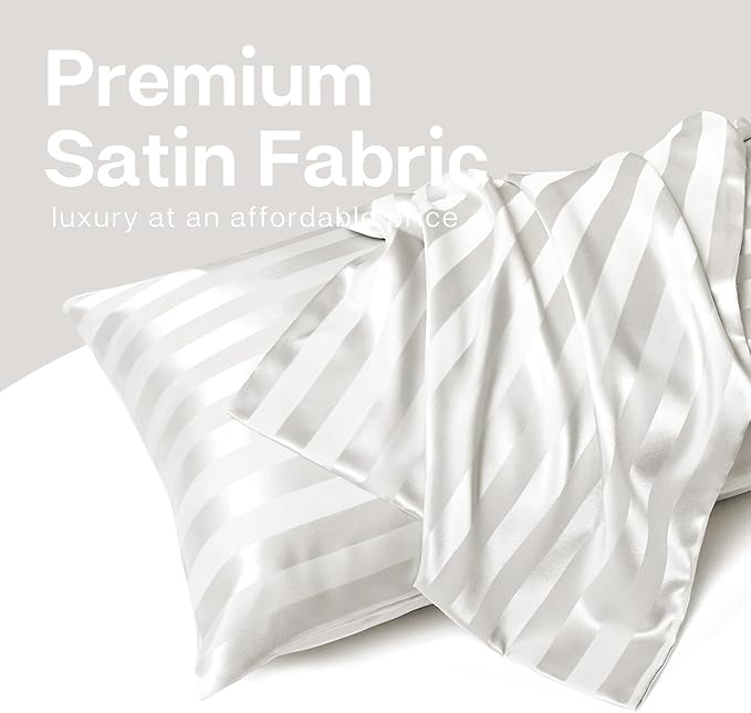 MR&HM Satin Pillowcase for Hair and Skin, Silk Satin Pillowcase 2 Pack, Queen Size Pillow Cases Set of 2, Silky Pillow Cover with Envelope Closure (20x30, Ivory Striped)
