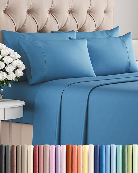 King 6 Piece Sheet Set - Comfy, Breathable & Cooling - Hotel Luxury Bedding for Women, Men, Kids, Teens & Children - 1 Flat & 1 Fitted Sheet & 4 Pillowcases w/ Deep Pockets - Wrinkle Free - Denim Blue