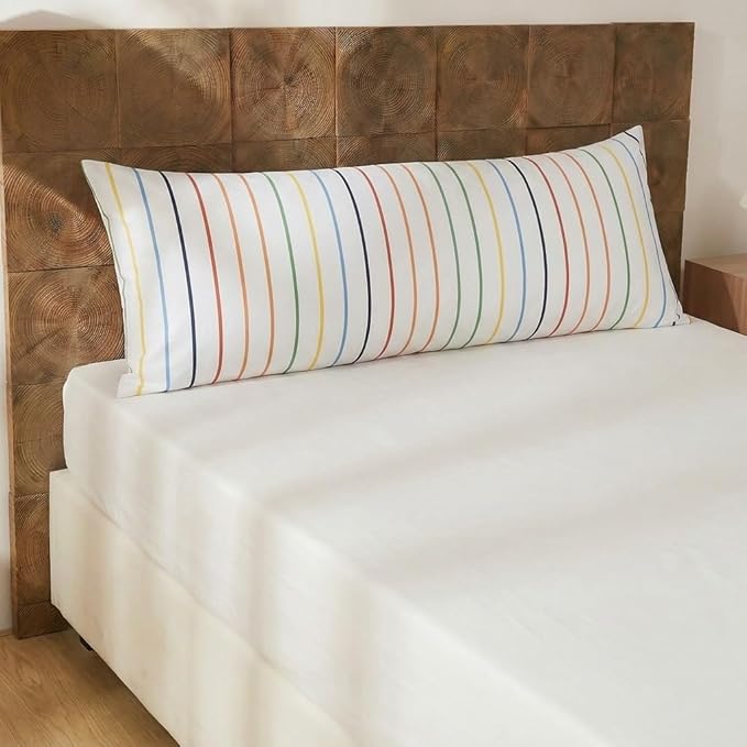 Merryword Body Pillow Cover 20x54inches, 100% Cotton Pillow Case, Rainbow Striped Pillowcase, Luxury Linen Like Pillowcase, Soft Breathable Pinstripe Long Pillowcase, 1-Piece