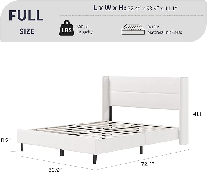 Garvee Full Size Bed Frame with Wingback Headboard, Velvet Upholstered Platform Bedframe with Wood Slats, No Box Spring Needed, Easy Assembly, White
