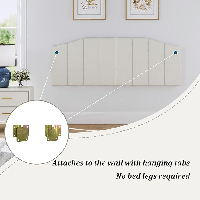 Furpopup Velvet Queen Size Headboard, Upholstered Headboard Queen/Full Size Wall Mount and Bed Frame Mount, Featuring High-Density Sponge Padding Luxury Texture Easy Assembly Comfort Style-Cream
