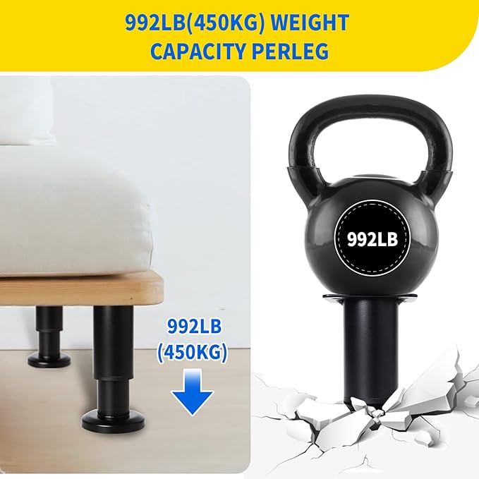 4 PCS Adjustable Height Bed Support Legs [with 18PCS Screws] for Bed Frame/Bed Center Slat, Heavy Duty Furniture Replacement Legs 7.08-12.2 inch for Sofa/Cabinet/Couch/Dresser/Table (Black)