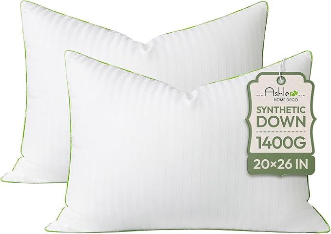 Ashler Home Deco Synthetic Down Pillow Inserts, 20x26 Down Alternative Throw Pillows Insert Sleeping Pillows with 100% Cotton Cover Decorative Pillow Stuffer for Sofa, Couch Bed(Set of 2, White)