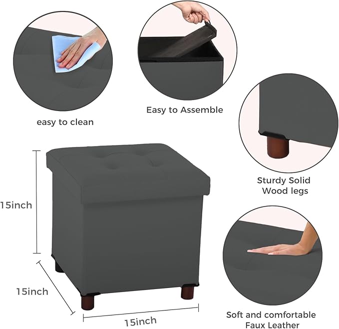 Dorriss Storage Ottoman, Ottoman with Storage for Living Room Ottoman Square Tray Bedroom Cube Foot Rest Stool With Legs Small Ottomans Coffee Table Lid Foldable Footstool Faxu Leather 15" Inch (Grey)
