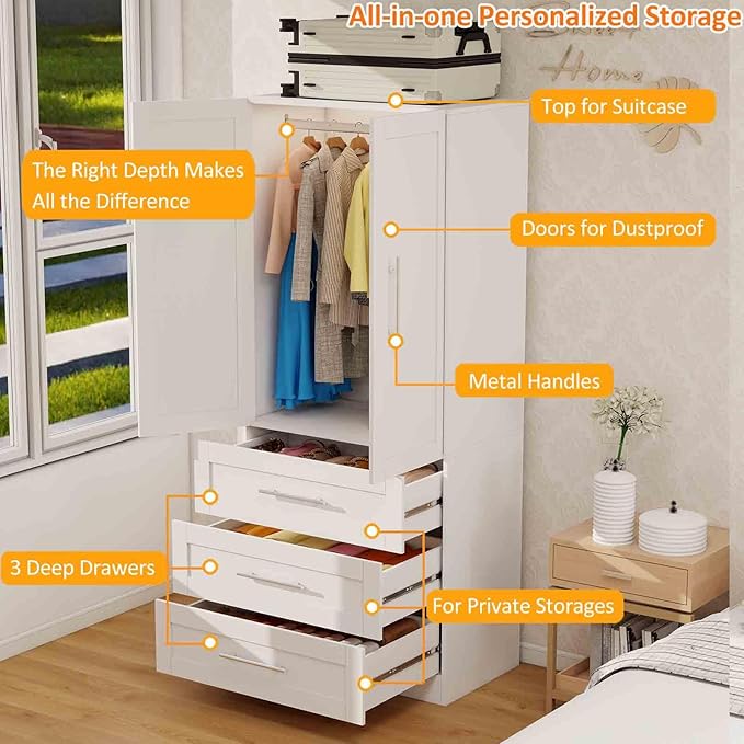 Armoire Wardrobe Closet with 6 Deep Drawers and Doors 71" Clothing Storage Cabinet with Hanging Rod Wooden Wardrobe Cabinet for Bedroom, Large Capacity Storage White, 2 Sets