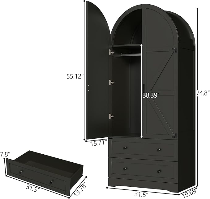 Black Armoire Wardrobe Closet,Wooden Wardrobe with 2 Doors and 2 Drawers,Bedroom Freestanding Armoire Storage Cabinet with Hanging Rack,Wardrobe Storage with with Hanging Rod for Bedroom, Cloak Room