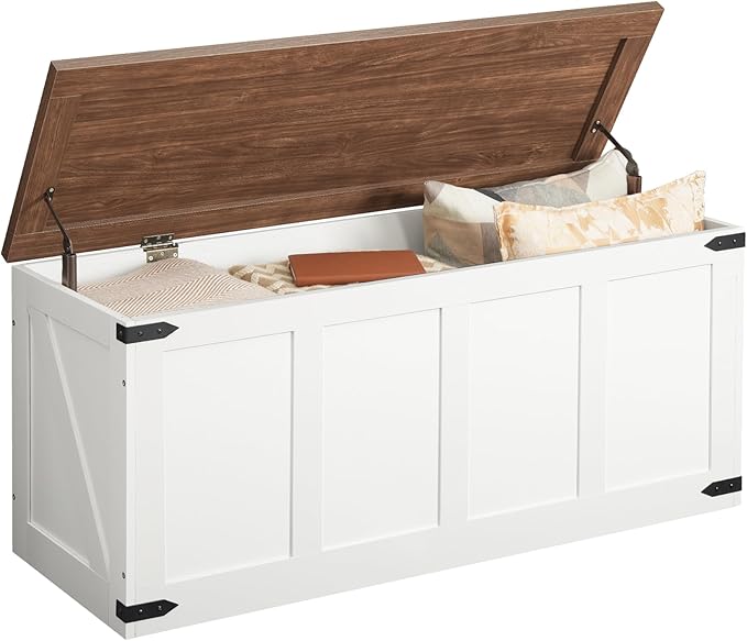 HOOBRO Storage Bench, 47.2”Toy Box Organizer with Safety Hinges, Farmhouse Wooden Storage Chest, for Hallway, Bedroom, Living Room, White and Walnut WH520CW01