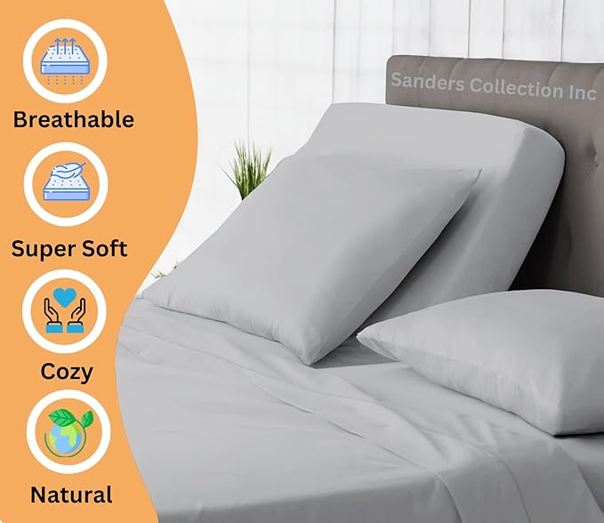 Sanders Collection Inc SCI Top Split Flex Sheet Set for Adjustable Bed 34" Split Head King Size 800 Thread Count 100% Egyptian Cotton 4 Piece Set fits up to 16 Inch Deep Pocket (Silver)