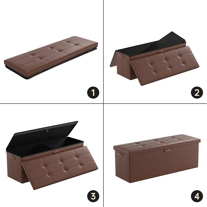 DocSafe Storage Ottoman Bench,Fireproof＆Waterproof Folding Bench with Lock(15”x 43”x15”),Leather Storage Chest with Handles＆2 Extra Boxes,Ottoman Safe for Bedroom,Living Room,Home Office,Brown