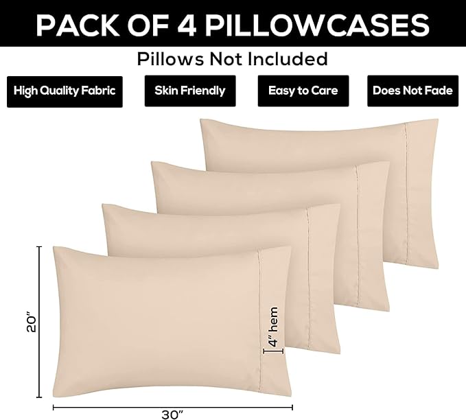 Utopia Bedding Standard Pillow Cases - 4 Pack - Envelope Closure - Soft Brushed Microfiber Fabric - Shrinkage and Fade Resistant Pillow Covers Standard Size 20 X 26 Inches (Standard, Beige)