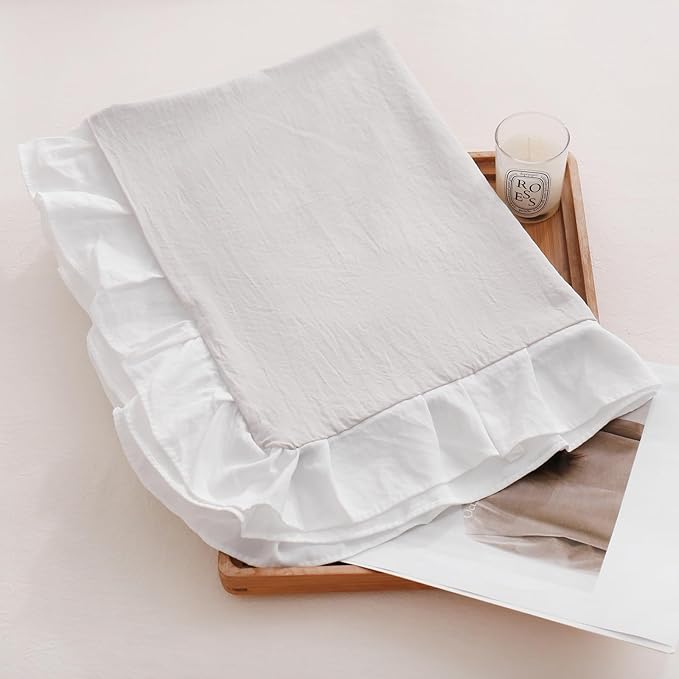 Merryword Beige Pillow Shams Standard Pillowcases 20x26inch Beige and White Reversible Cute Pillow Cover Set of 2 Soft Shabby Chic Ruffled Pillowcases