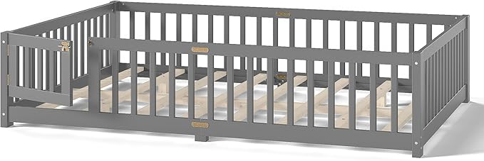 Bellemave Queen Floor Bed Frame with Rails and Door, Solid Wood Montessori Queen Size Floor Bed, Low Profile Montessori Beds with Removable Slats, Grey