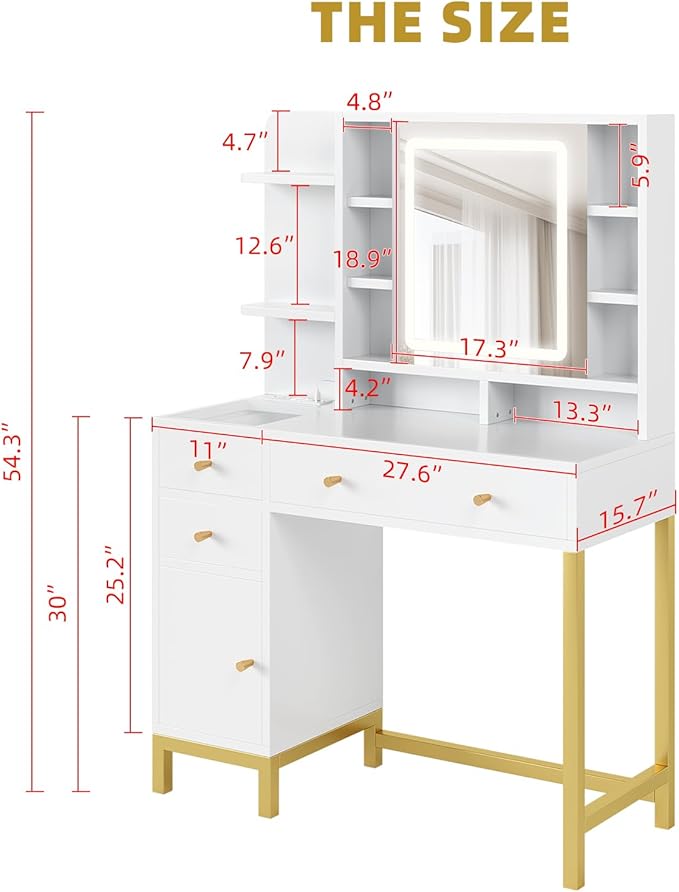 White Vanity Desk with LED Lighted Mirror & Power Outlet, 3 Lighting Modes, Brightness Adjustable Glass Top Makeup Table for Bedroom, White and Gold Dressing Table for Women – Beauty Station & Organiz