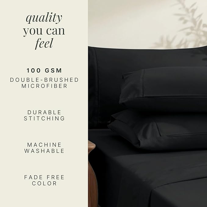 Hearth & Harbor Extra Deep Pocket Queen Sheets Sets - Fits Mattress 18-24 Inches Deep - Extra Deep Pocket Sheets - 6 Piece Queen Size - Black