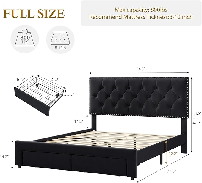 Garvee Full Size Bed Frame with 2 Storage Drawers, Vintage Velvet Headboard Bedframe with upholstered Platform, Wooden Slat Support, Noise Free, No Box Spring Needed, Black