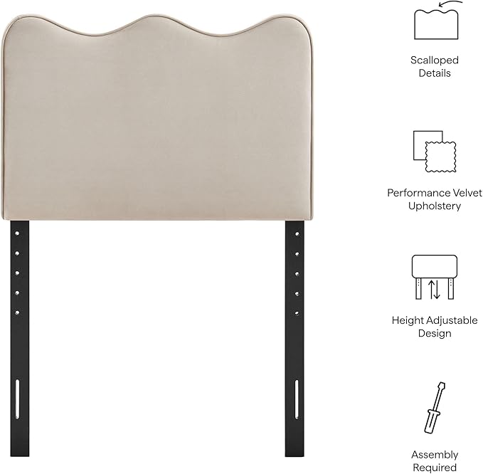 Monday Athena Twin Size Performance Velvet Adjustable Headboard in Almond - with Scalloped Wave Design and Stain-Resistant Velvet Upholstery