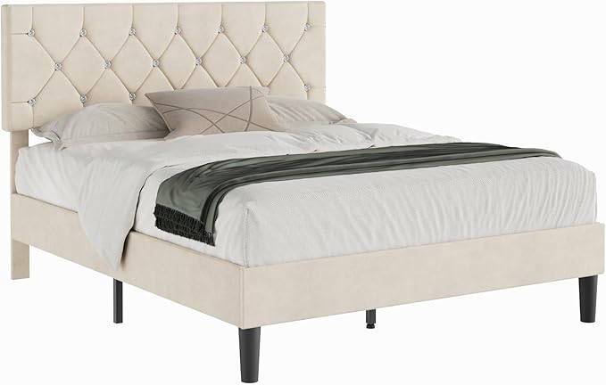 VECELO Full Size Bed Frame with Diamond Tufted Headboard, Upholstered Platform Bedframe with Wood Slat Support, No Box Spring Needed, Pala Beige