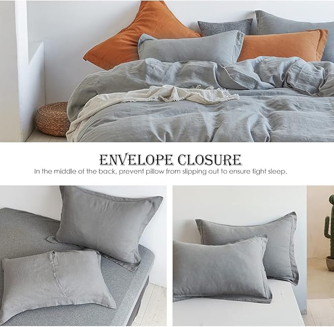 Simple&Opulence 100% Linen Duvet Cover Set 3pcs Basic Style Natural French Washed Flax Solid Color Soft Breathable Farmhouse Bedding with Button Closure - Ultimate Grey, Queen