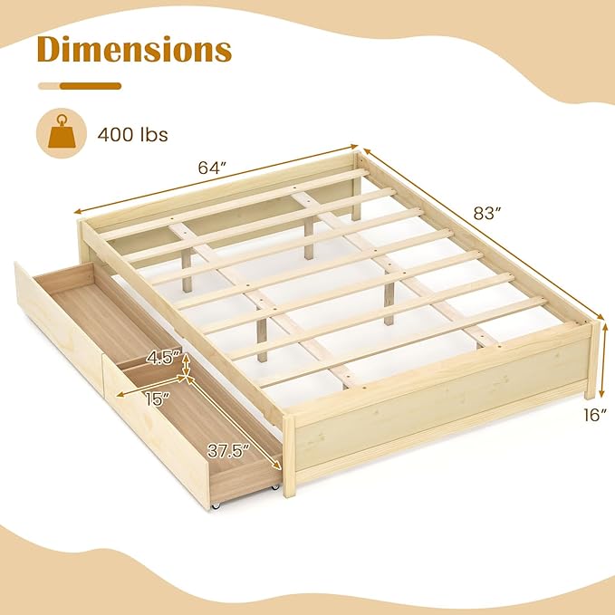Giantex Queen Size Bed Frame with 2 Storage Drawers, Solid Wood Platform Bed with Slats Support, Heavy Duty Daybed with Storage, No Box Spring Needed, Queen Bed Frames for Teens Adults, Natural