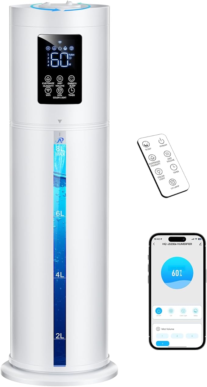 8L/2.1 Gal Humidifiers for Bedroom Large Room, 4 Levels Cool Mist Humidifier with Clear Tank, 7 Color Lights Essential Oil Diffuser with 16H Timer,for Home Plants (snowy white)