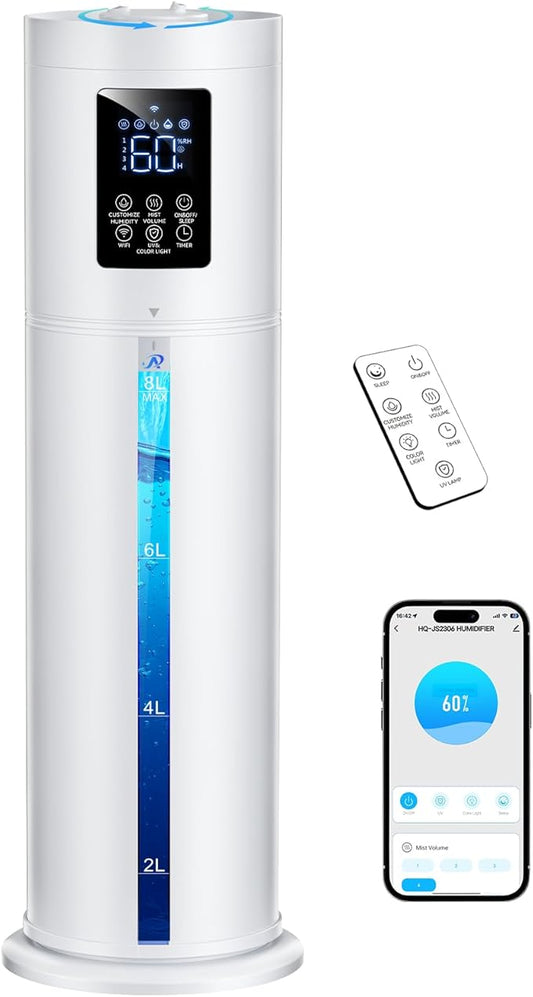 8L/2.1 Gal Humidifiers for Bedroom Large Room, 4 Levels Cool Mist Humidifier with Clear Tank, 7 Color Lights Essential Oil Diffuser with 16H Timer,for Home Plants (snowy white)