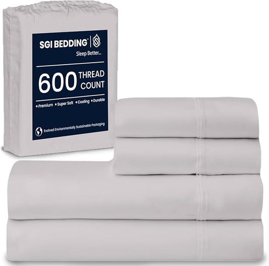 SGI bedding 100% Egyptian Cotton Sheets King Size – 600 Thread Count Sheets Set, Soft, Cooling, 15" Deep Pocket, Luxury Hotel Bedding, Breathable, Durable - Light Gray