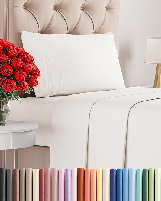 Twin Size 3 Piece Sheet Set - Comfy Breathable & Cooling Sheets - Hotel Luxury Bed Sheets for Women & Men - Deep Pocket, Easy-Fit, Extra Soft & Wrinkle Free Sheets - Antique White Oeko-Tex Bed Sheets