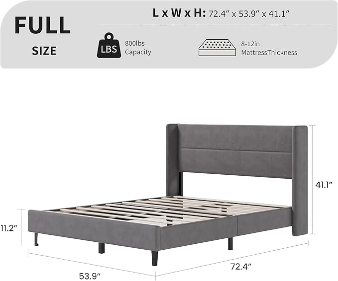 Garvee Full Size Bed Frame with Wingback Headboard, Velvet Upholstered Platform Bedframe with Wood Slats, No Box Spring Needed, Easy Assembly, Grey