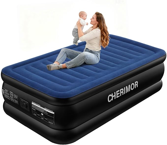 CHERIMOR Twin XL Air Mattress with Built in Pump, Upgraded 80" Length, 18" Raised Twin Blow Up Mattress, Multi-Layer Leakproof & Support 500 lbs, 2-Min Fast Inflation Air Bed for Home Camping Guests