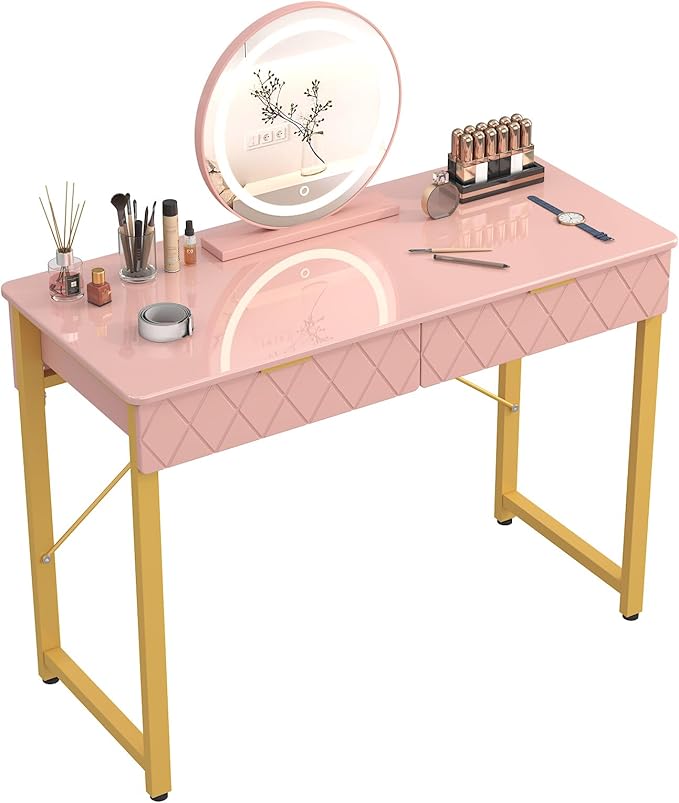 WESTREE Vanity Desk with 2 Drawers and Storage Shelf, Modern Makeup Table with Glossy Desktop, Gold Metal Frame Writing Desk for Bedroom or Home Office, No Mirror
