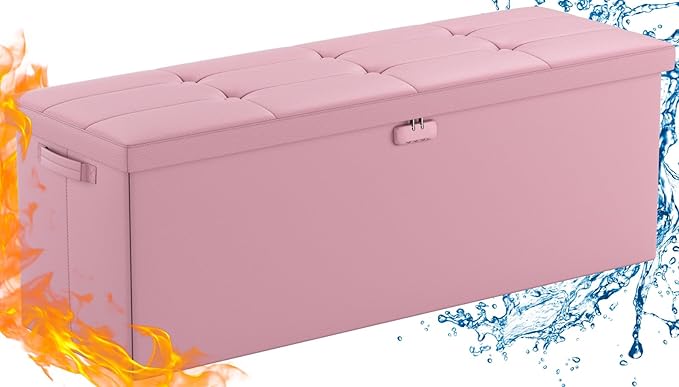 ENGPOW Storage Ottoman, Fireproof Folding Bench with Lock(15”x 43”x15”), Water-Resistant ＆ Heat Insulation Large Storage Chest with Handles＆2 Extra Spaces Safe for Living Room, Bedroom, Home, Pink