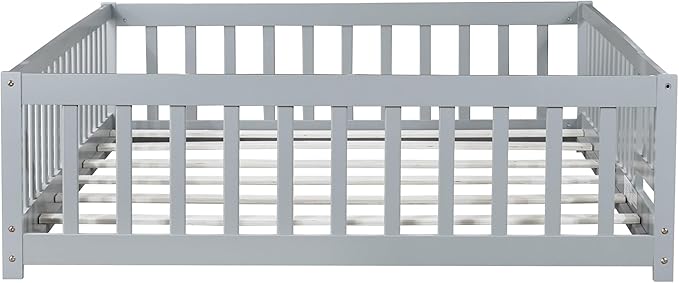 Bellemave Full Size Montessori Floor Bed Frame with Rails & Door, Solid Wood Kids Floor Bed Full with Removable Slats, Low Profile Montessori Bed for Children’s Sleep & Play, Grey