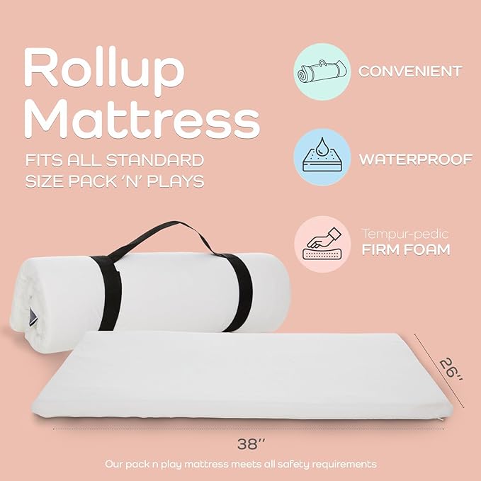 Babylicious Waterproof Pack and Play Mattress Pad - 38" x 26" | Roll Up Style - Breathable Soft Memory Foam - Portable Mattress Topper- Baby Foam Mattresses for Babies - Includes Easy Carry Buckle