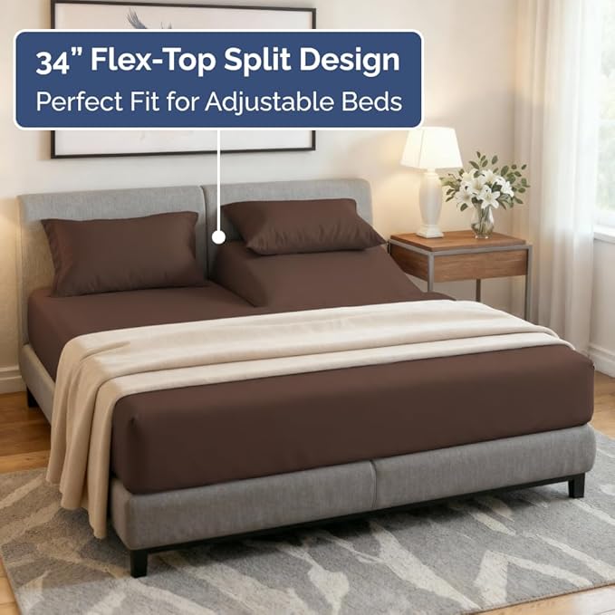 Flex Top Split Head King 4 Piece Sheet Set - Ultra-Soft, Breathable & Cooling Bed Sheets Set - Hotel Luxury Bedding for Women & Men with Deep Pockets - Wrinkle Free & Fade Resistant - Oeko-Tex - Brown