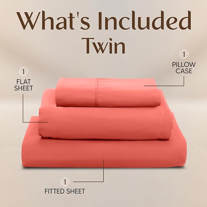 Utopia Bedding Twin Sheet Set – 3 Piece Bed Sheets for Twin Size Bed, Soft and Breathable Microfiber, Includes 1 Fitted Sheet, 1 Flat Sheet and 1 Pillowcase – Oeko Tex (Coral)