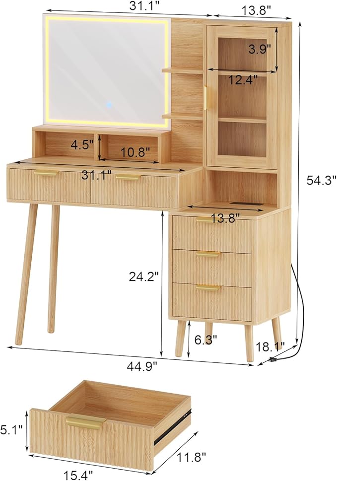 GAOMON Modern Fluted Makeup Vanity Desk with Lights & Power Outlet, 28" HD Lighted Mirror, 7 Drawers & 4 Storage Shelves, Luxury Gold Accent Dressing Table for Women Bedroom