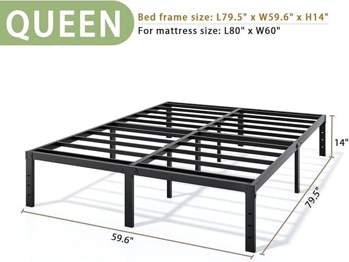 LUMUNANCE Metal Bed Frame Queen Size - 14 Inch Heavy-Duty Platform Bed Frame No Box Spring Needed, Easy Assembly, Noise-Free, Sturdy Mattress Foundation, Underbed Storage Space
