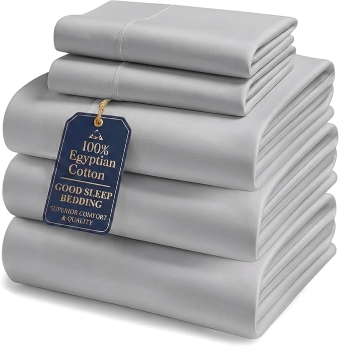 Good Sleep Bedding Split King Sheets for Adjustable Bed, 5 Piece, 100% Egyptian Cotton Sheet & Pillowcase Sets, Sateen Weave, Ultra-Soft, 16" Deep Pocket Adjustable Bed Sheets - Light Gray