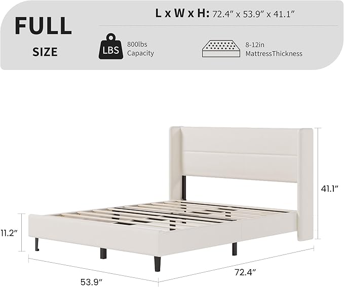 Garvee Full Size Bed Frame with Wingback Headboard, Velvet Upholstered Platform Bedframe with Wood Slats, No Box Spring Needed, Easy Assembly, Beige