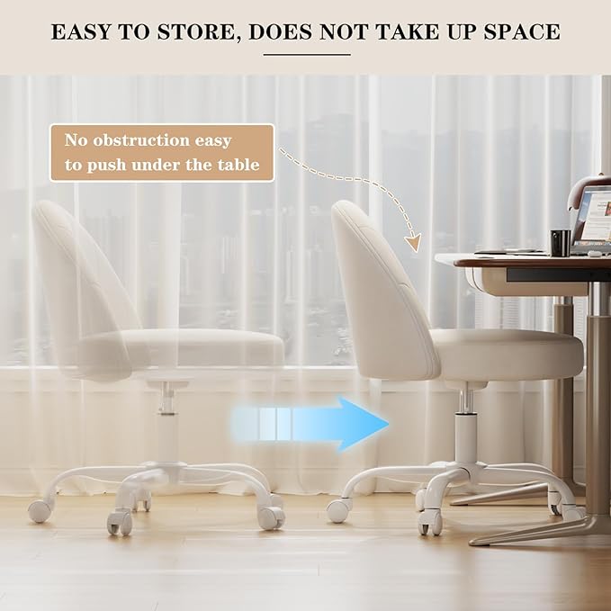 Velvet Vanity Chair with Wheels, Height Adjustable Swivel Makeup Chair, Armless Small Desk Chair for Bedroom/Office/Vanity Table, 250 lbs Capacity (Velvet, White)